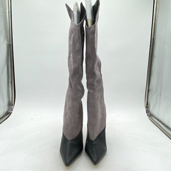 Grey Fashion Pointed Toe High Stiletto Heel Knee Boots V Cut Side Zipper Shoes - Picture 1 of 6